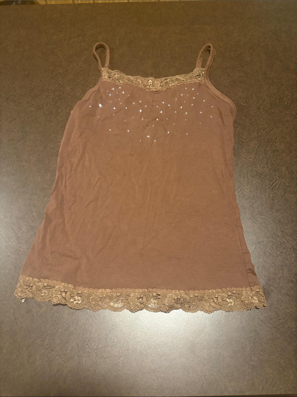 Place Brown Lace Trim Tank Top with Rhinestones